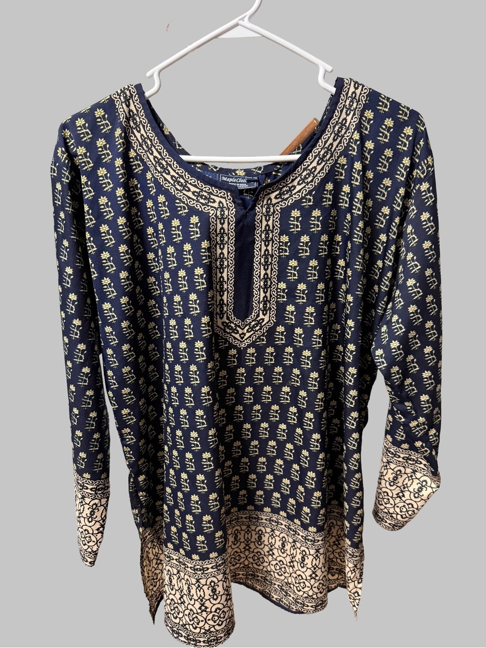 Embroidered Navy Tunic Top with Cream Print